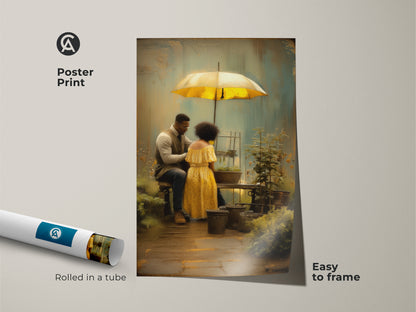Poster print featuring a romantic couple gardening under a yellow umbrella. The boho style art is easy to frame. Brown green nature art makes a unique anniversary gift for couples. Rolled in a tube this textured wall decor brings a personal touch to any residential space.