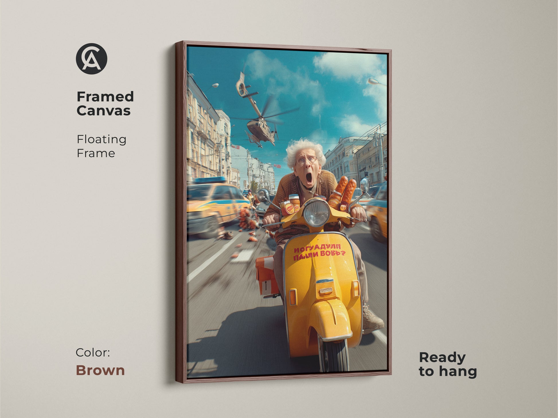 A framed canvas print showcases an elderly woman riding a yellow scooter. The floating frame has a brown finish and the art is ready to hang. The artwork adds a surreal and funny accent to any eclectic wall decor arrangement.