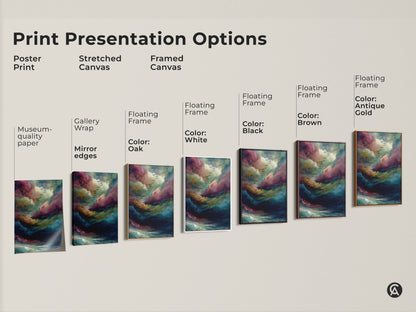 Print presentation options for abstract cloud artwork. Choose from poster prints stretched canvas or framed canvas. Various frame colors are available. Transform your space with this unique art.