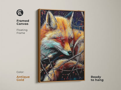 A framed canvas displays the sleeping fox artwork. It has a floating frame that comes in antique gold. This wildlife artwork would add a cozy autumn touch. It is a rich color animal art. It can be a unique gift for nature lover. Get yours today.
