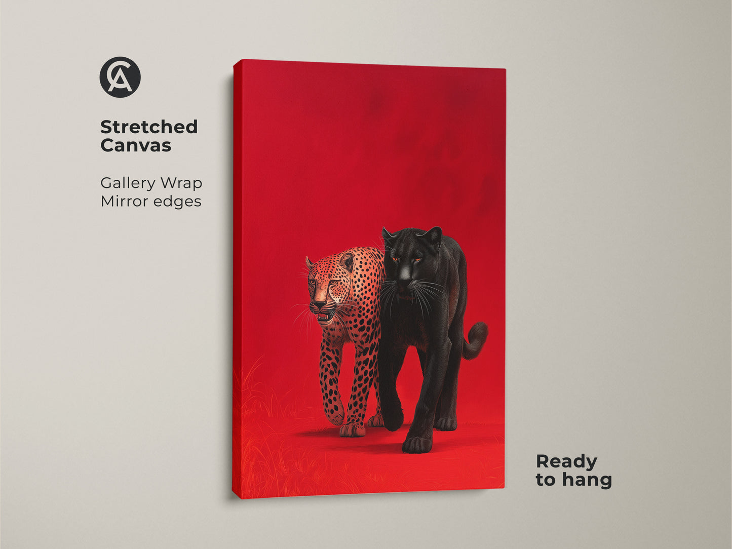 Stretched canvas art featuring a black panther and leopard against a bold red background. The gallery wrapped canvas has mirrored edges and is ready to hang. This piece of art brings a modern touch to wildlife artwork. Perfect for adding a pop of color and sophistication to your living space.
