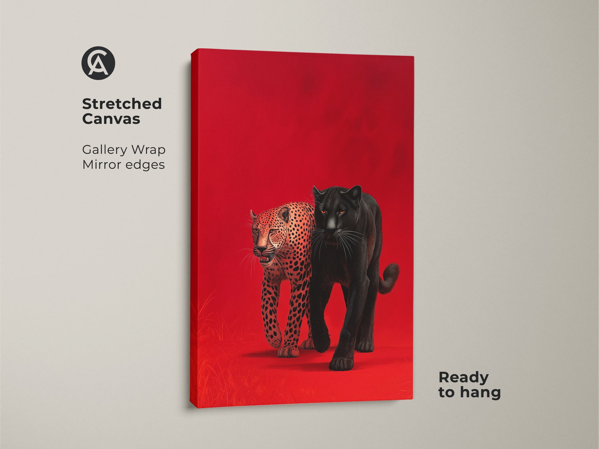 Stretched canvas art featuring a black panther and leopard against a bold red background. The gallery wrapped canvas has mirrored edges and is ready to hang. This piece of art brings a modern touch to wildlife artwork. Perfect for adding a pop of color and sophistication to your living space.