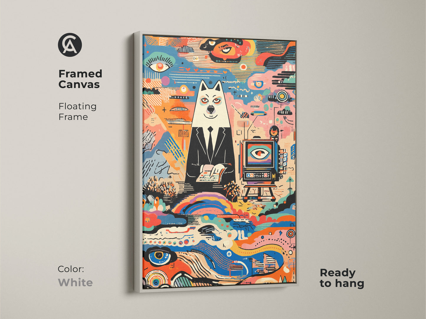 White framed canvas featuring surreal folk art. It shows a dog in suit. The floating frame adds a modern touch. Ready to hang in any office or home space. This animal art is colorful and unique
