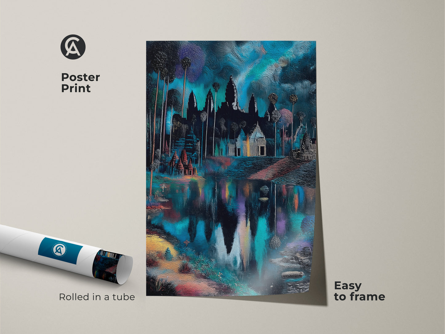 Poster print of Angkor Wat rolled in a tube easy to frame. The deep blue temple artwork makes a striking statement. This teal landscape wall art evokes a sense of wanderlust. Ideal for bohemian home decor. Enjoy this atmospheric temple scene print.