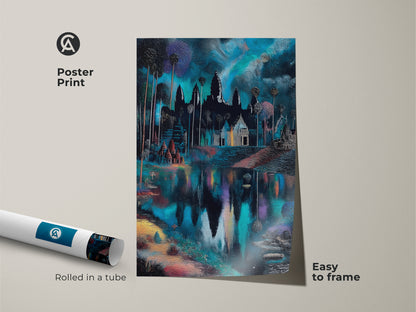 Poster print of Angkor Wat rolled in a tube easy to frame. The deep blue temple artwork makes a striking statement. This teal landscape wall art evokes a sense of wanderlust. Ideal for bohemian home decor. Enjoy this atmospheric temple scene print.