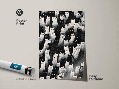 Poster print of an eclectic cat art. Rolled in a tube for easy framing. This minimalist cat art print is perfect for cat moms. It showcases graphic animal wall art in a monochrome style. Enhance your space with this unique cat lover present.