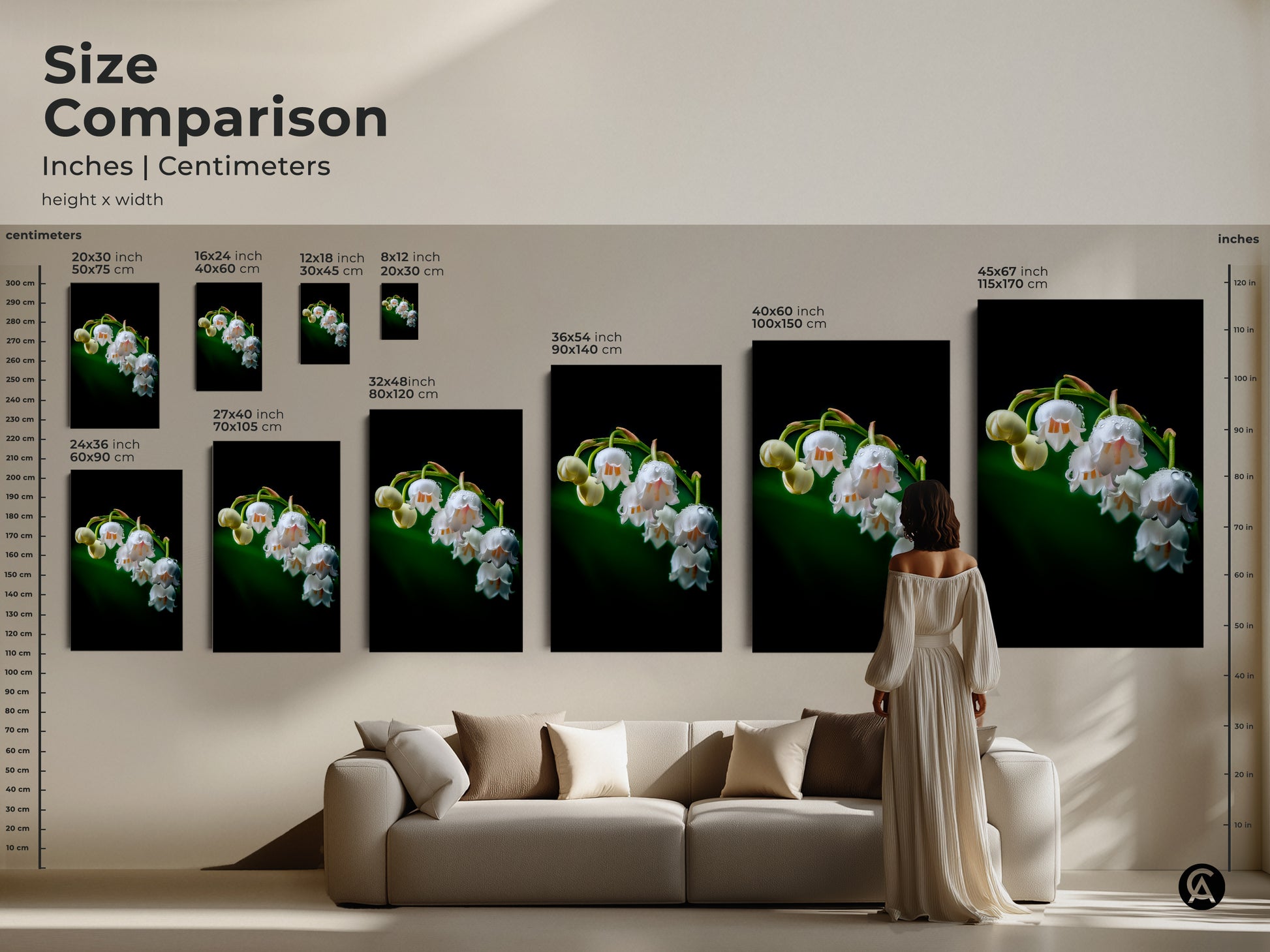 Size comparison featuring Lily of the Valley prints. See how different sizes of this botanical wall art fit above a sofa. This macro photography print helps visualize scale for your nature inspired decor.