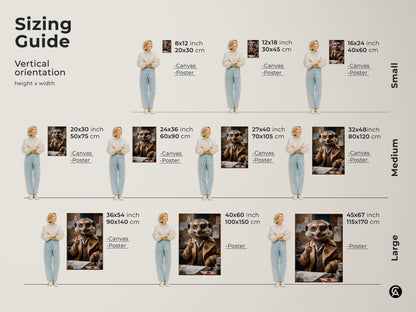 Sizing guide illustrating various vertical orientation height and width dimensions. The dapper meerkat artwork is shown in canvas and poster options with sizes from small to large. These prints make great eclectic decor art.