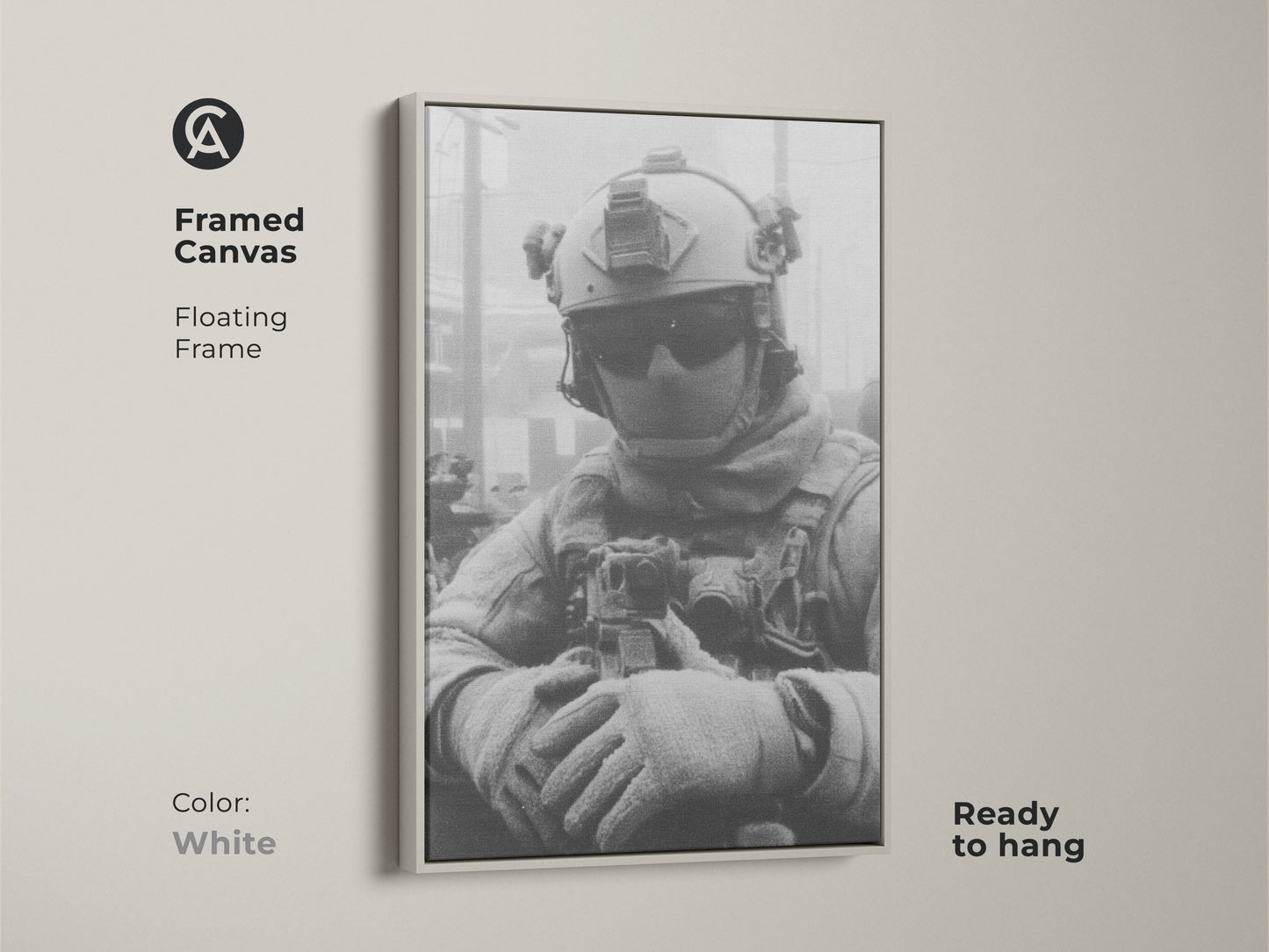 Framed canvas print of a soldier in uniform with a white floating frame. This ready-to-hang artwork offers a clean modern look perfect for showcasing military art in any contemporary space.