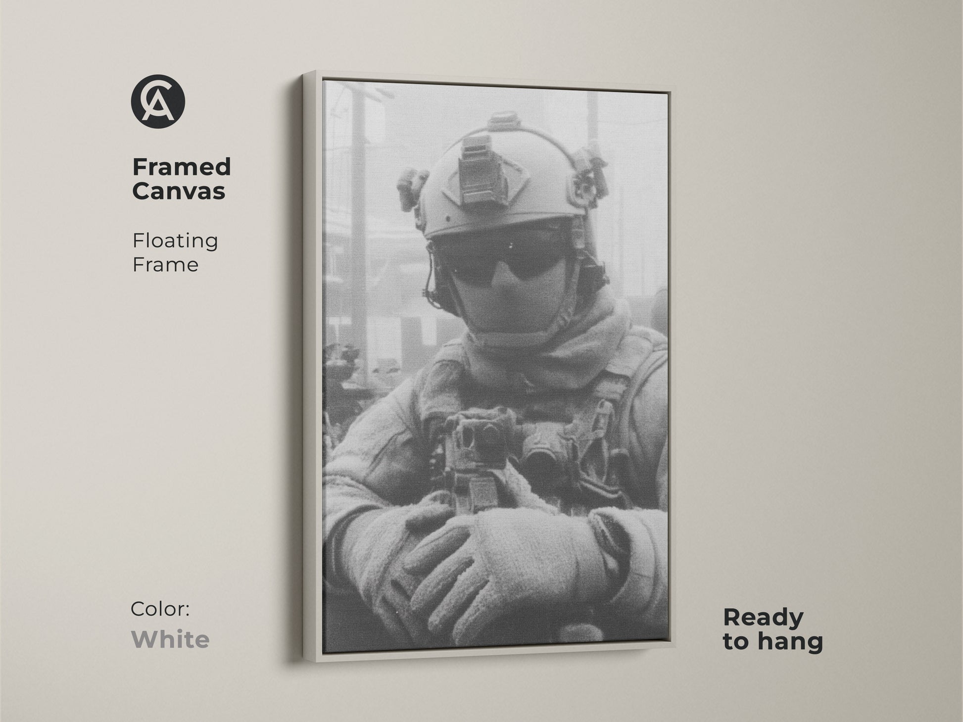Framed canvas print of a soldier in uniform with a white floating frame. This ready-to-hang artwork offers a clean modern look perfect for showcasing military art in any contemporary space.