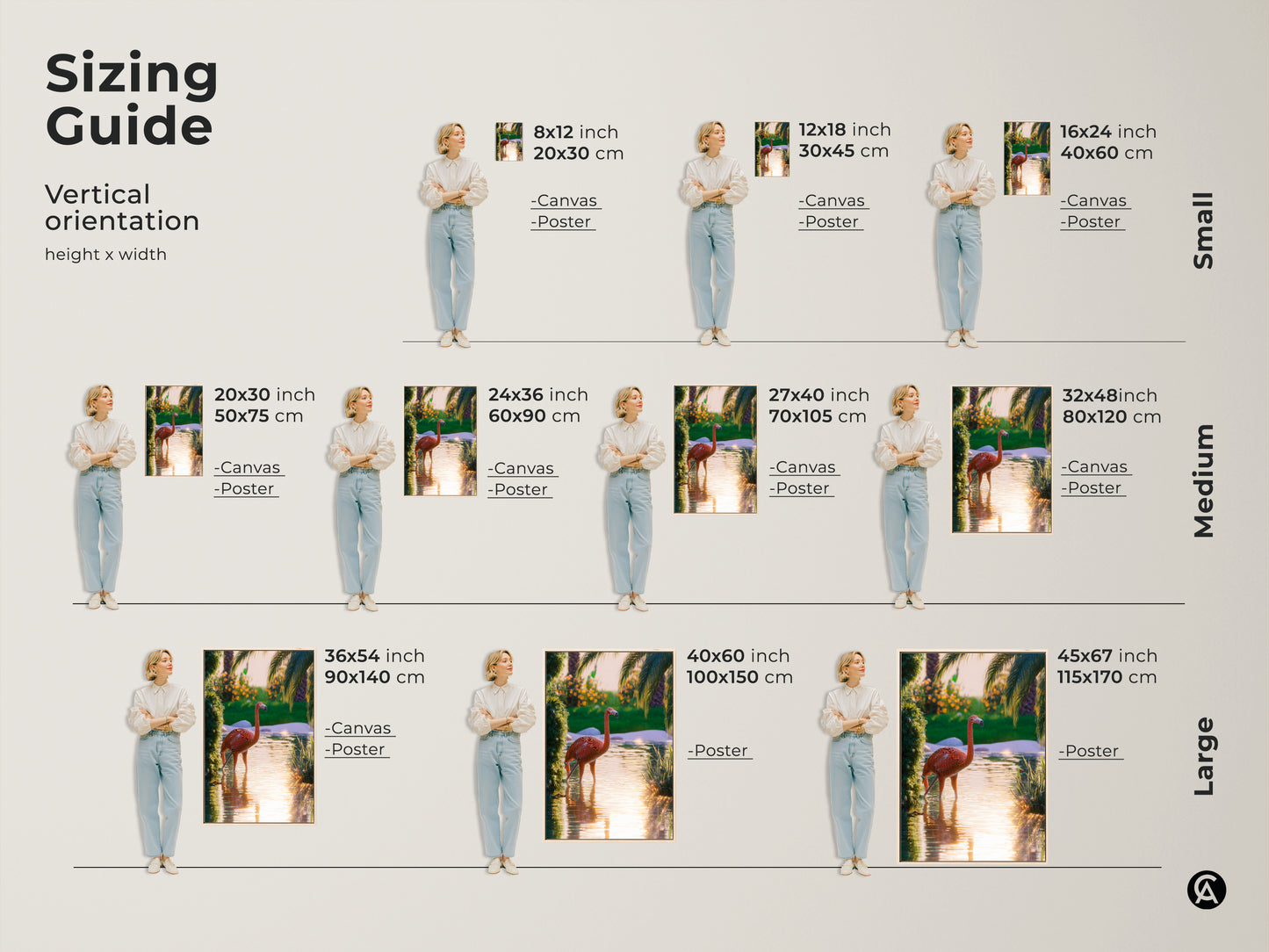 This sizing guide helps you choose the perfect flamingo art print. See the vertical orientation options for canvas and poster art. Small sizes range from 8x12 to 16x24 inches. Medium sizes include 20x30 to 32x48 inches. Large sizes go from 36x54 to 45x67 inches. Find the ideal fit for your space.