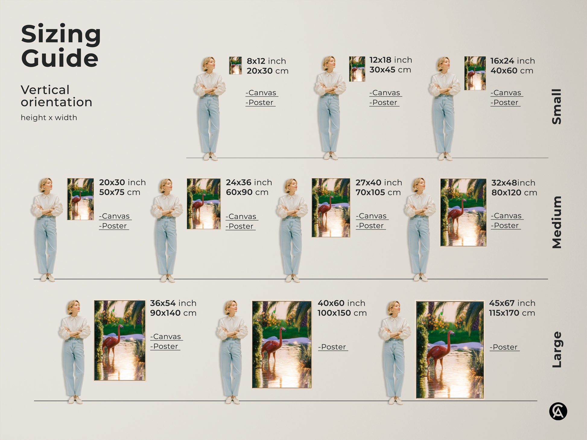 This sizing guide helps you choose the perfect flamingo art print. See the vertical orientation options for canvas and poster art. Small sizes range from 8x12 to 16x24 inches. Medium sizes include 20x30 to 32x48 inches. Large sizes go from 36x54 to 45x67 inches. Find the ideal fit for your space.