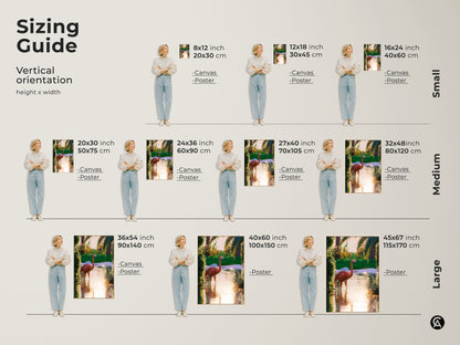 This sizing guide helps you choose the perfect flamingo art print. See the vertical orientation options for canvas and poster art. Small sizes range from 8x12 to 16x24 inches. Medium sizes include 20x30 to 32x48 inches. Large sizes go from 36x54 to 45x67 inches. Find the ideal fit for your space.