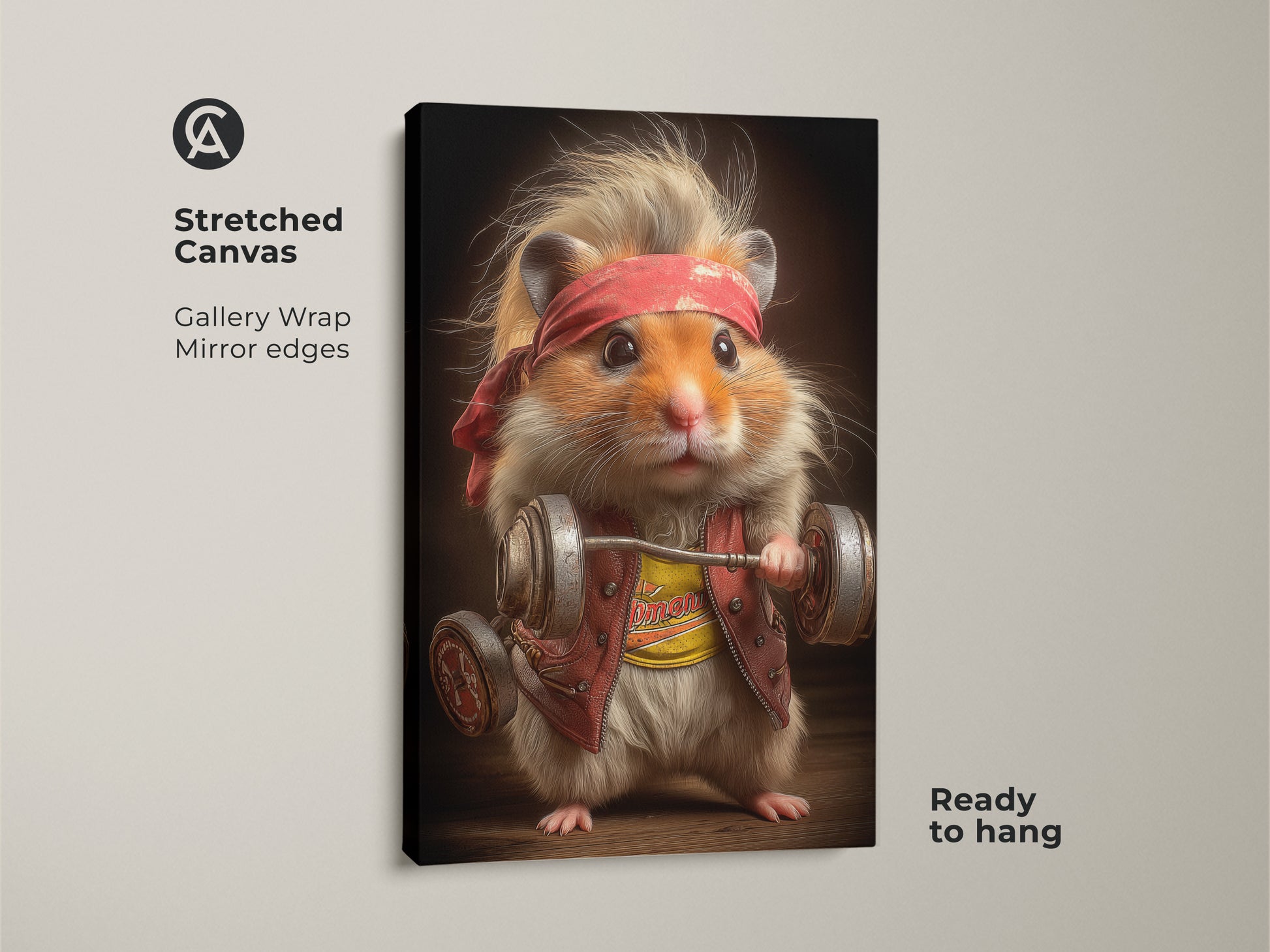 A stretched canvas gallery wrap print of a hamster lifting weights. This weightlifting hamster print is the perfect gym motivation canvas art. This piece of art is ready to hang and showcases mirror edges. It is ideal as home gym wall art or quirky workout decor. Get yours today!