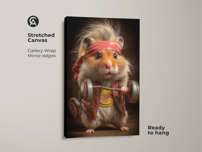 A stretched canvas gallery wrap print of a hamster lifting weights. This weightlifting hamster print is the perfect gym motivation canvas art. This piece of art is ready to hang and showcases mirror edges. It is ideal as home gym wall art or quirky workout decor. Get yours today!