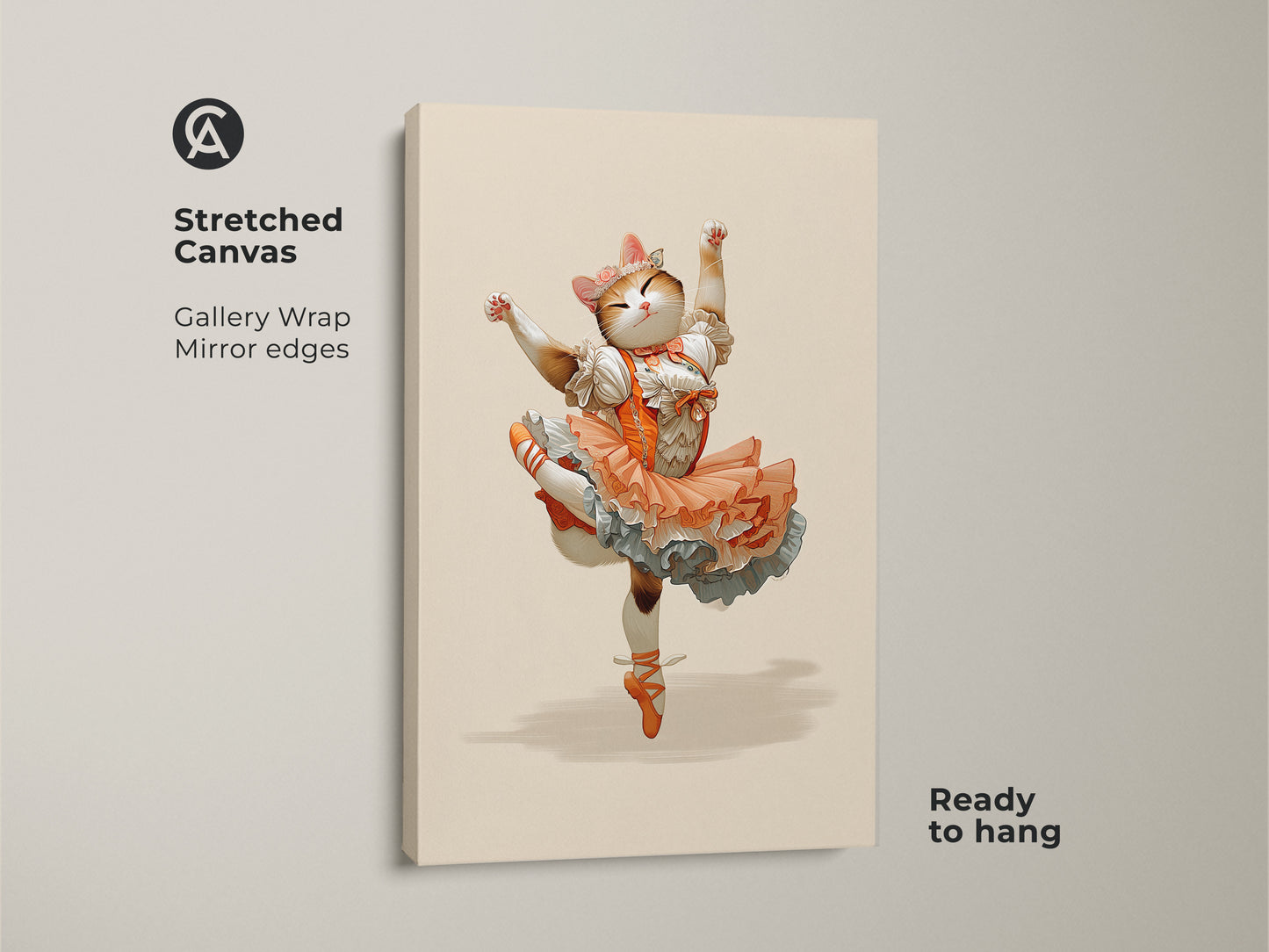 Stretched canvas gallery wrap of an orange tutu cat art. This whimsical fantasy cat art makes a unique statement. The ballerina cat canvas print is ready to hang. It's perfect eclectic home wall art. The animal ballet dancer print is a unique gift for cat mom.
