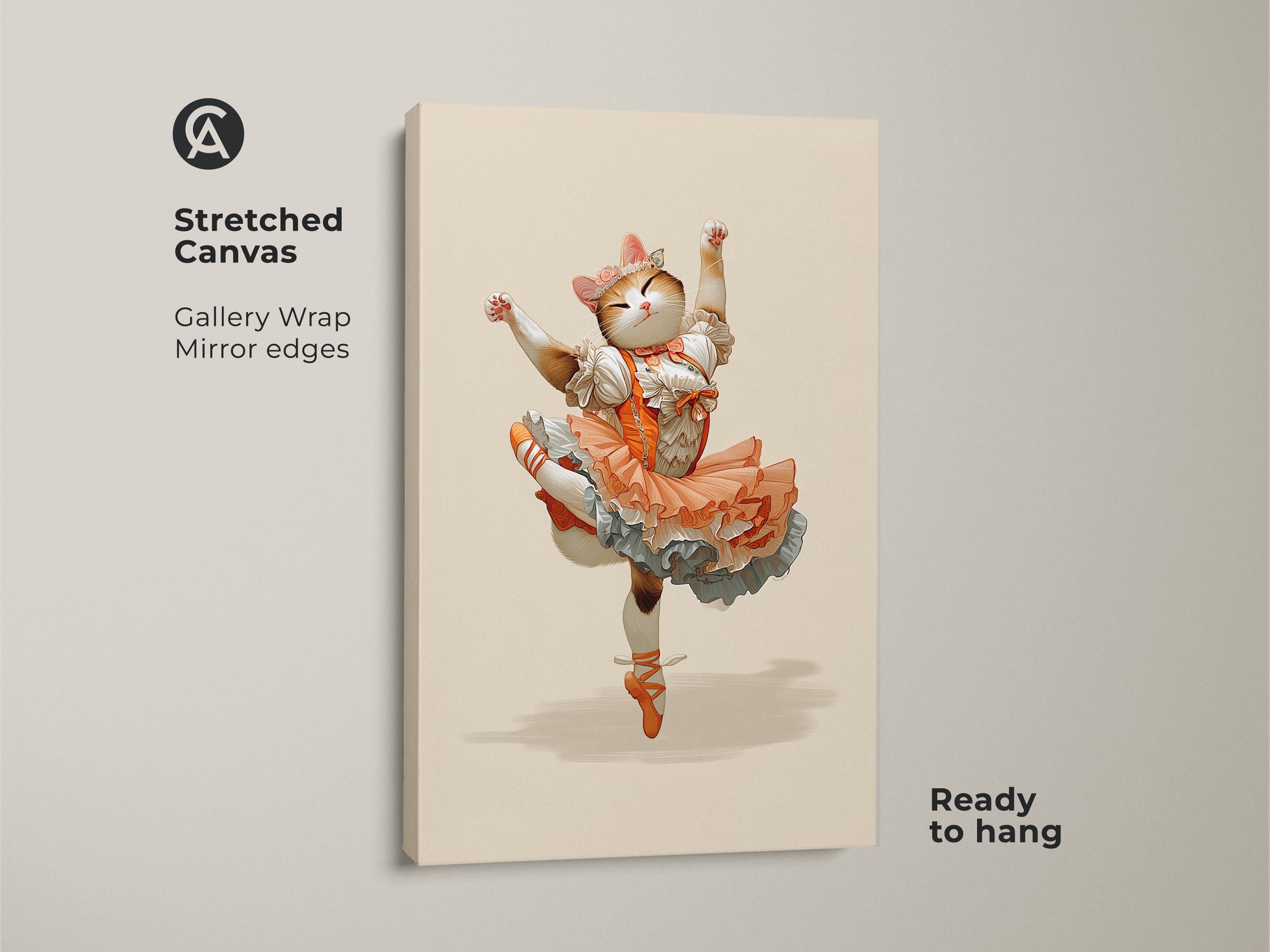 Stretched canvas gallery wrap of an orange tutu cat art. This whimsical fantasy cat art makes a unique statement. The ballerina cat canvas print is ready to hang. It's perfect eclectic home wall art. The animal ballet dancer print is a unique gift for cat mom.