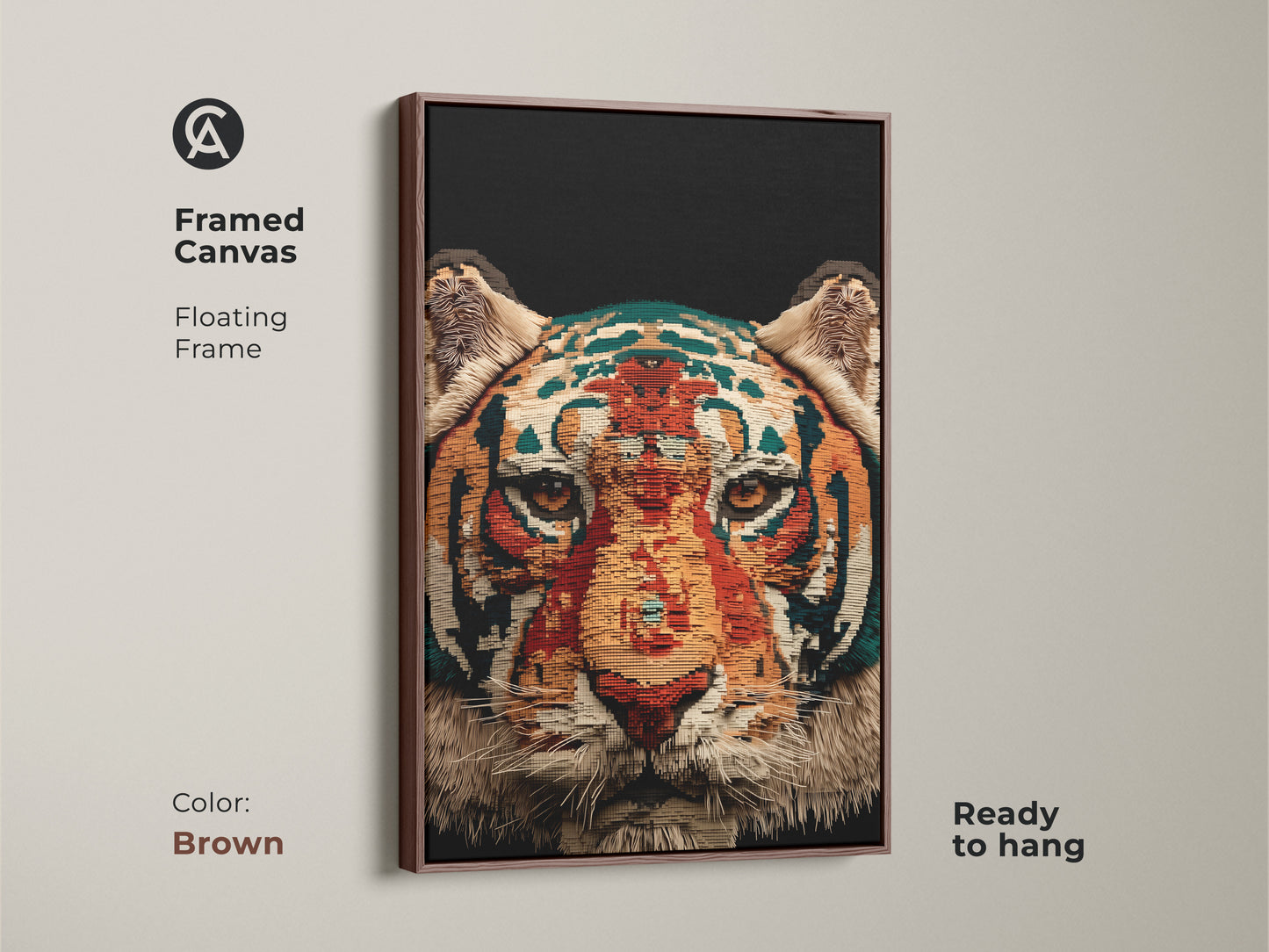 A framed canvas features abstract tiger face art with a brown floating frame. The ready to hang geometric wildlife print adds a warm touch. The orange gold and teal tones enhance eclectic decor.