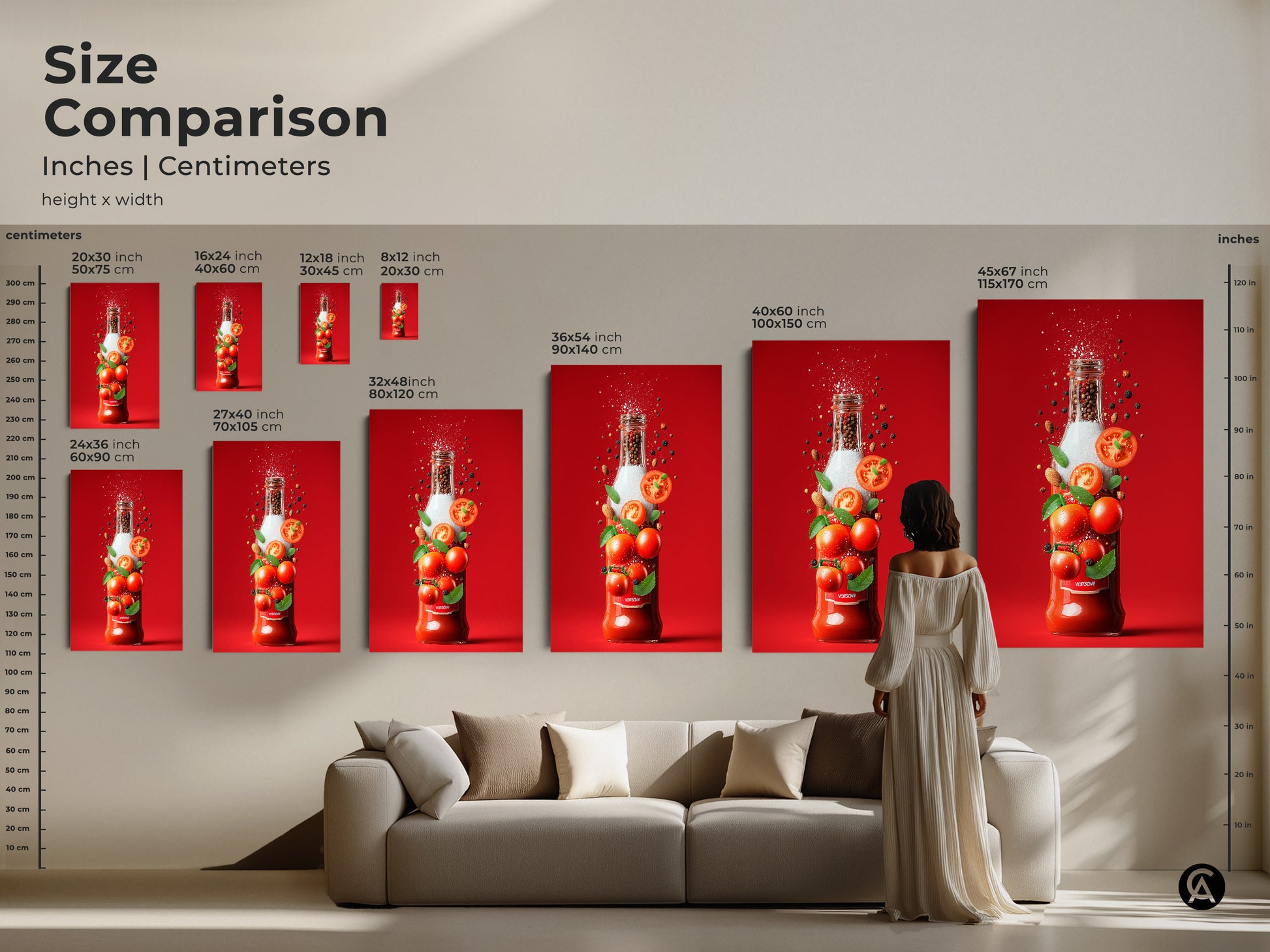 Size comparison of tomato sauce bottle art. Sizes range from small to large. A woman in a white dress stands in front of the art. The art is displayed above a white couch.