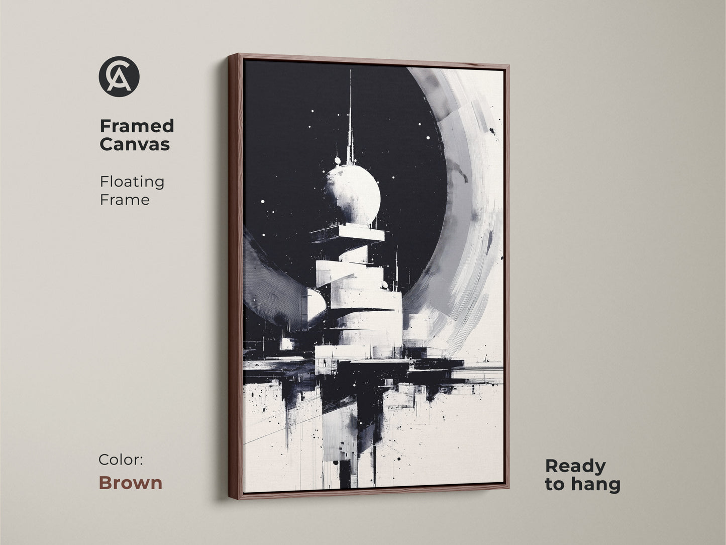 Brown Framed Canvas with Floating Frame. Featuring Monochrome Abstract Painting of Cityscape with hints of brown. Ideal wall decor for a modern office space or contemporary cityscape at home. Ready to hang.