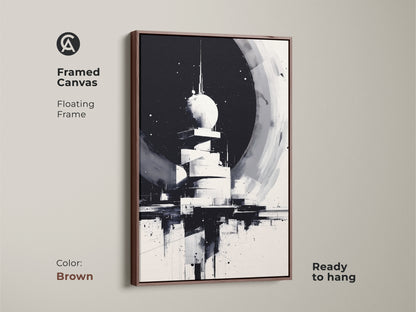 Brown Framed Canvas with Floating Frame. Featuring Monochrome Abstract Painting of Cityscape with hints of brown. Ideal wall decor for a modern office space or contemporary cityscape at home. Ready to hang.
