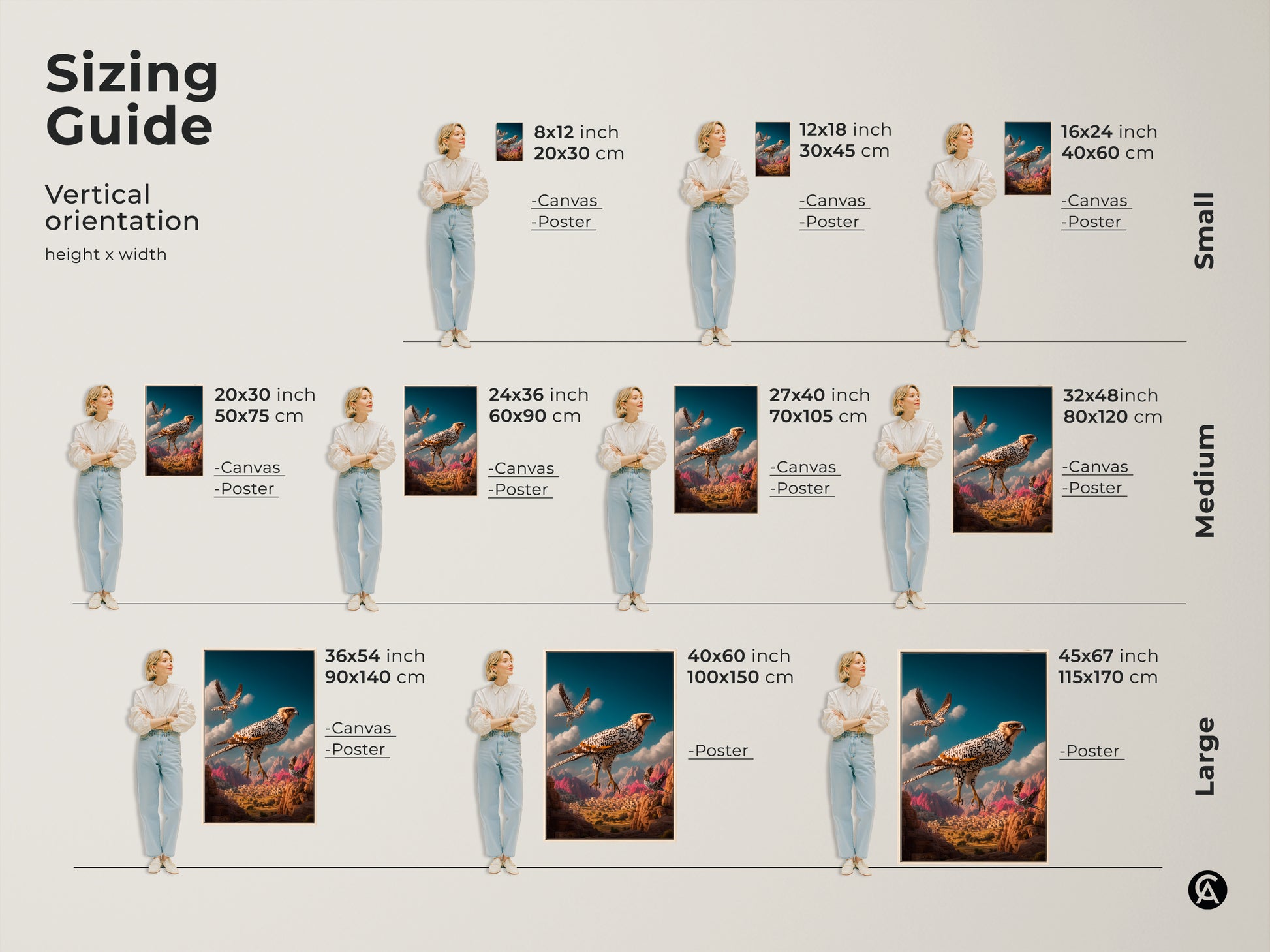 Size comparison of surreal falcon artwork in inches and centimeters. The image shows various sizes from 20x30 cm to 45x67 inches. See how the art fits above a sofa. Select the ideal size for your living room or study room wall. Perfect middle eastern inspired art.