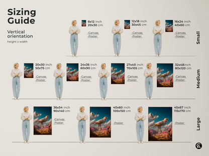 Size comparison of surreal falcon artwork in inches and centimeters. The image shows various sizes from 20x30 cm to 45x67 inches. See how the art fits above a sofa. Select the ideal size for your living room or study room wall. Perfect middle eastern inspired art.