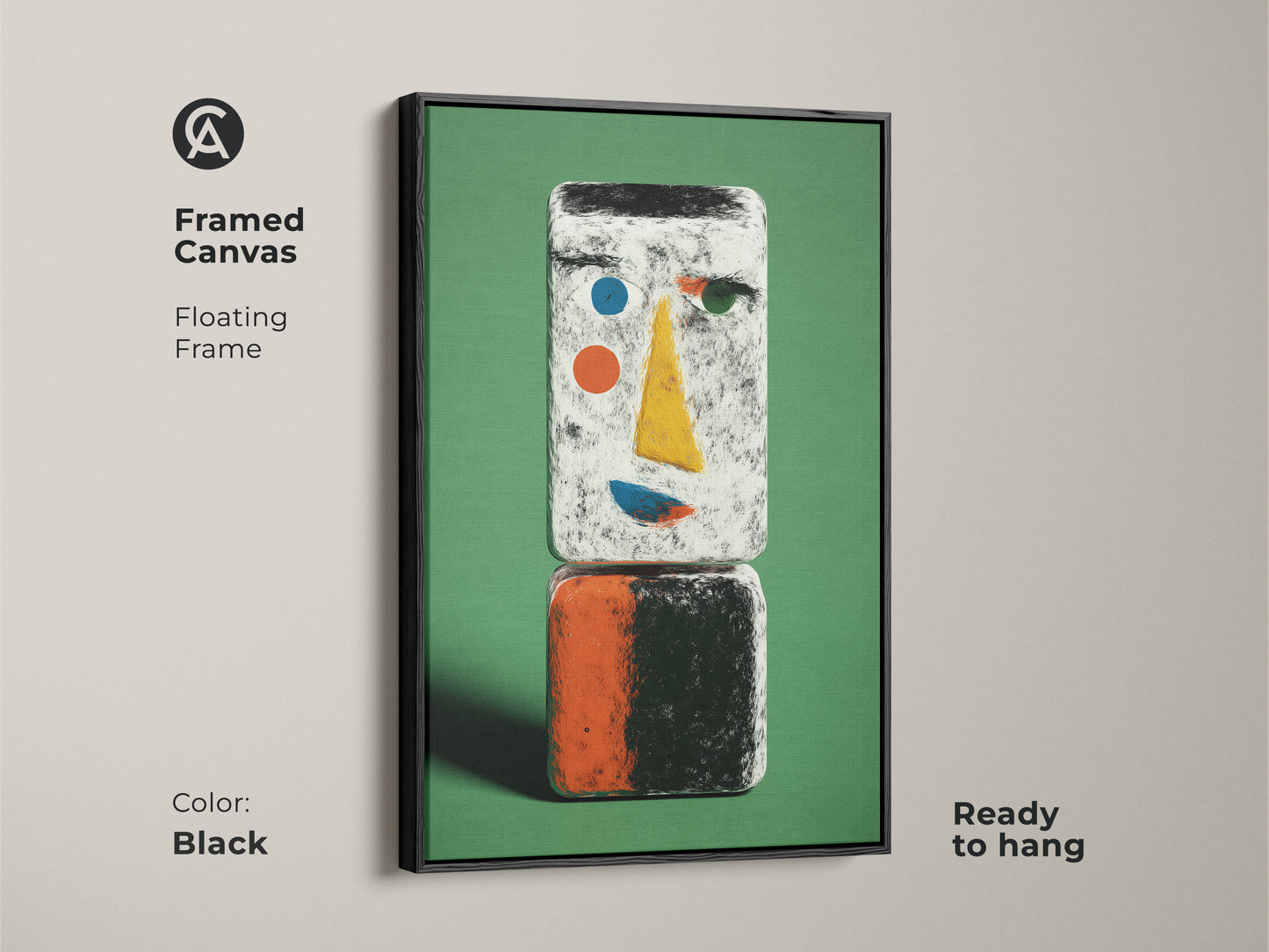 Framed canvas featuring green abstract face art. The contemporary geometric wall decor offers a modern aesthetic. The black floating frame enhances this modern figurine canvas print. Ready to hang.