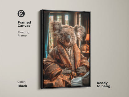 Framed canvas art of a photorealistic koala in a robe. The black floating frame highlights the eclectic brown tones. It is the perfect animal print for an office. The unique wall hanging gift is ready to hang.