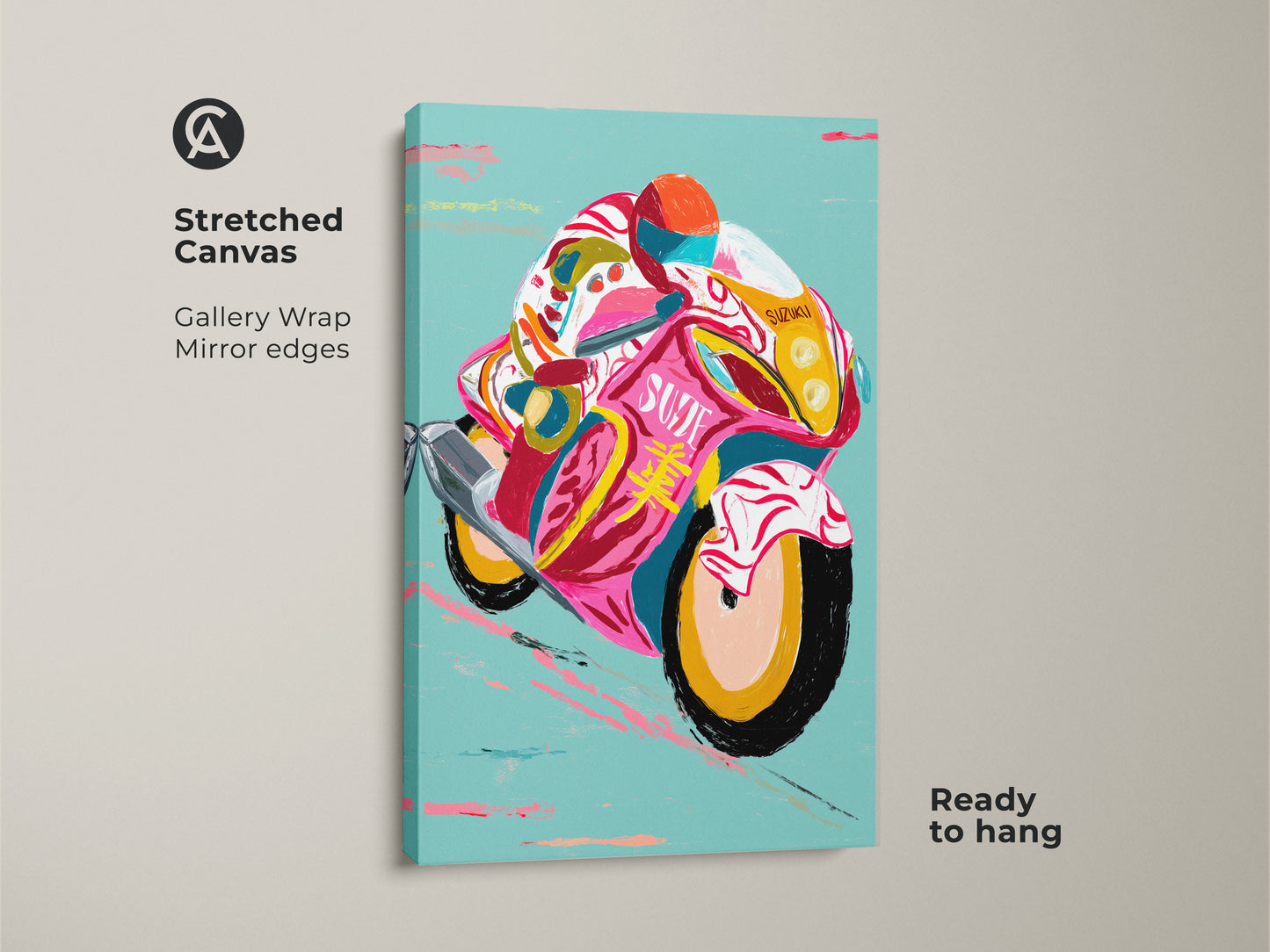 Stretched canvas gallery wrap of a pink yellow teal abstract motorcycle. Speed racer artwork with bold brushstrokes. Ideal eclectic car enthusiast gift and transport themed wall decor.