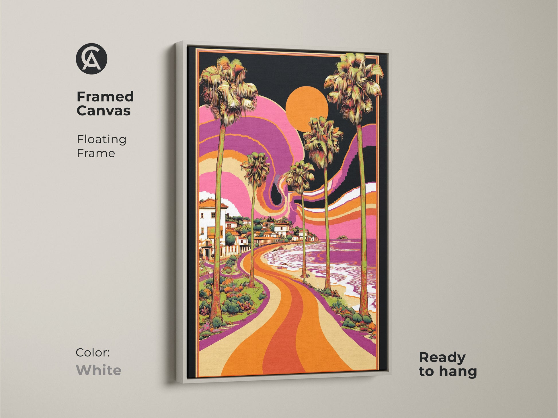 Print presentation options for psychedelic beach art. Choose from poster print stretched canvas or framed canvas. Each option captures the essence of a retro coastal landscape. The art includes orange purple yellow decor with palm trees. Add a touch of vintage charm today.