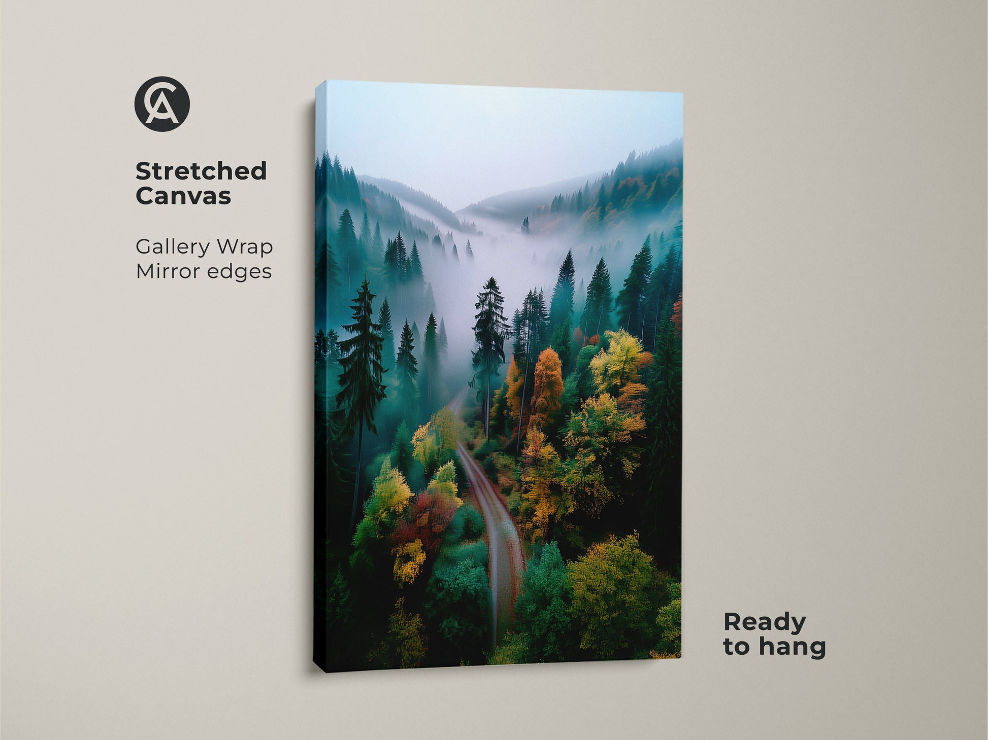 Stretched canvas forest art. The gallery-wrapped canvas showcases mirror edges. The forest artwork is ready to hang. Mist fills the forest valley. The art captures the essence of nature. Perfect for adding a touch of serenity to any room.