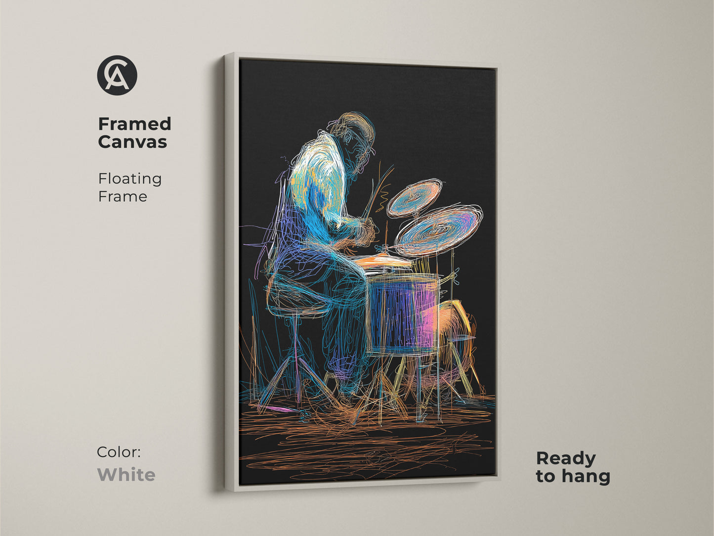 Framed canvas art displays an abstract drummer with a white floating frame and is ready to hang. This artwork is perfect for eclectic home decor. A thoughtful gift for musicians looking to add musical passion