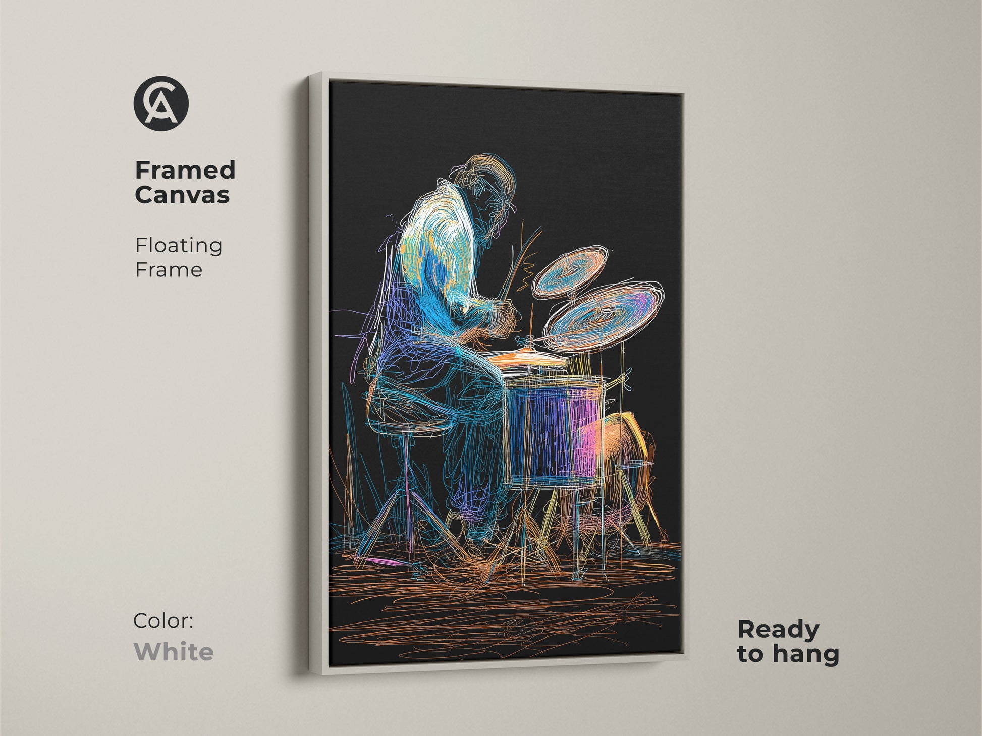 Framed canvas art displays an abstract drummer with a white floating frame and is ready to hang. This artwork is perfect for eclectic home decor. A thoughtful gift for musicians looking to add musical passion