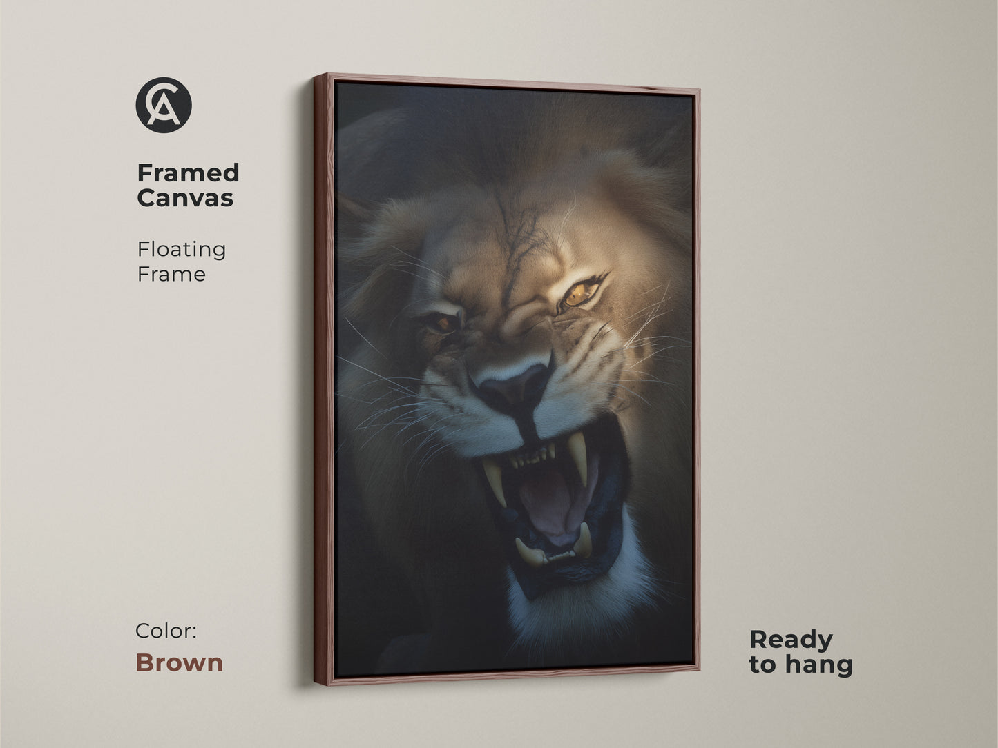 Framed canvas displaying roaring lion artwork with a brown floating frame. The golden yellow and brown mane of the lion is striking. This wildlife animal canvas is ready to hang and brings nature indoors. It makes a great Father's day gift.