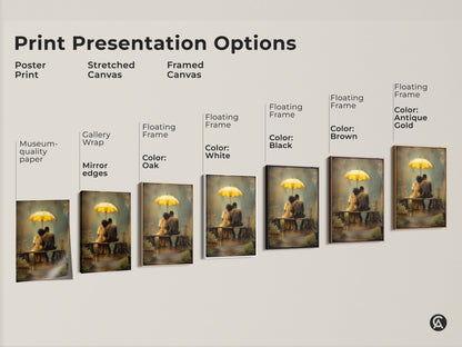 Print presentation options for romantic couple wall art. Options include poster print stretched canvas and framed canvas. Each features a couple under a yellow umbrella. Perfect bohemian anniversary gift and rainy day art for bedroom.