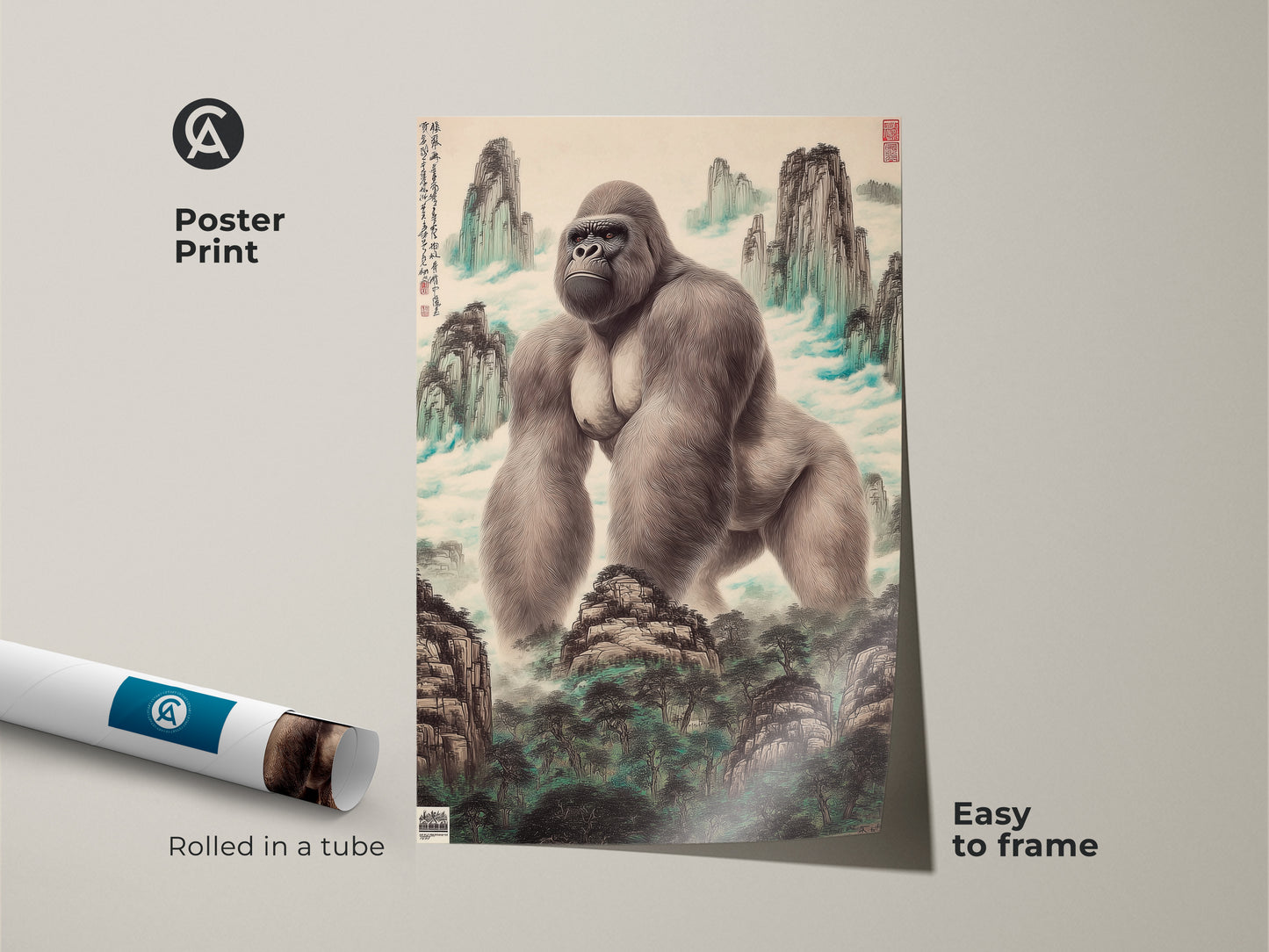 Poster print of a gorilla in a traditional Chinese mountain landscape. This animal artwork features an ink wash print easy to frame and display. Its muted color art and wildlife decor make it ideal for home office gallery walls. It's a unique eclectic art piece perfect as a birthday gift or statement wall art. Collectible art for nature enthusiasts.