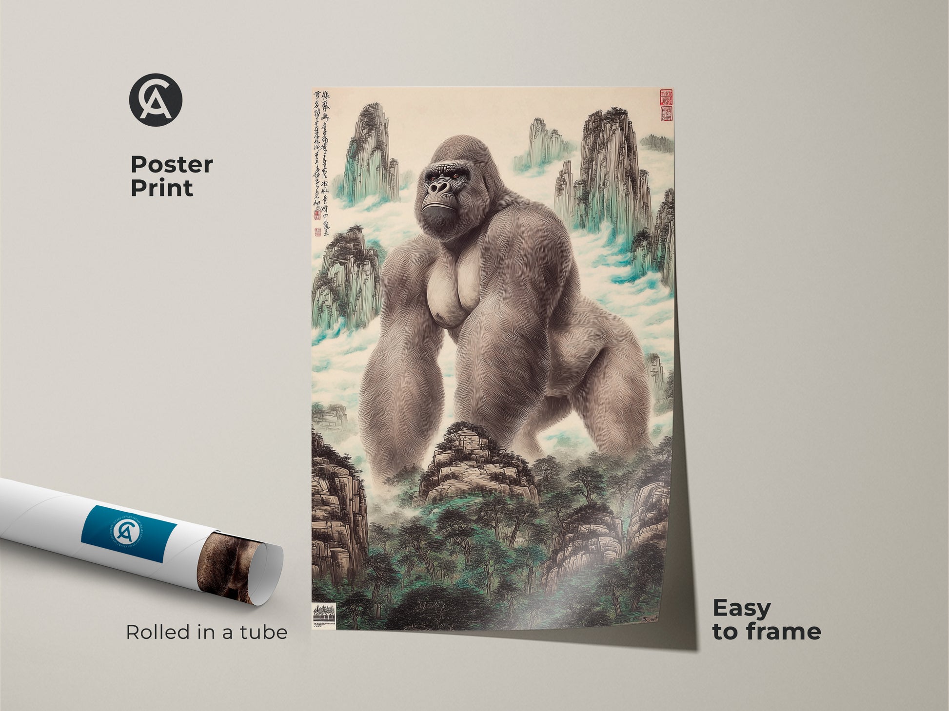 Poster print of a gorilla in a traditional Chinese mountain landscape. This animal artwork features an ink wash print easy to frame and display. Its muted color art and wildlife decor make it ideal for home office gallery walls. It's a unique eclectic art piece perfect as a birthday gift or statement wall art. Collectible art for nature enthusiasts.