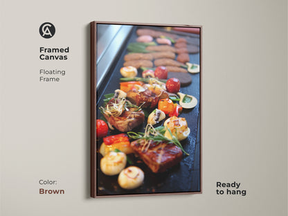 Framed canvas with floating frame featuring gourmet steak and vegetables. Brown frame enhances this modern kitchen wall art. Contemporary food print in red orange and brown. Ready to hang grilled meat and veg art. Adds culinary sophistication to your kitchen or dining area. An ideal housewarming gift.