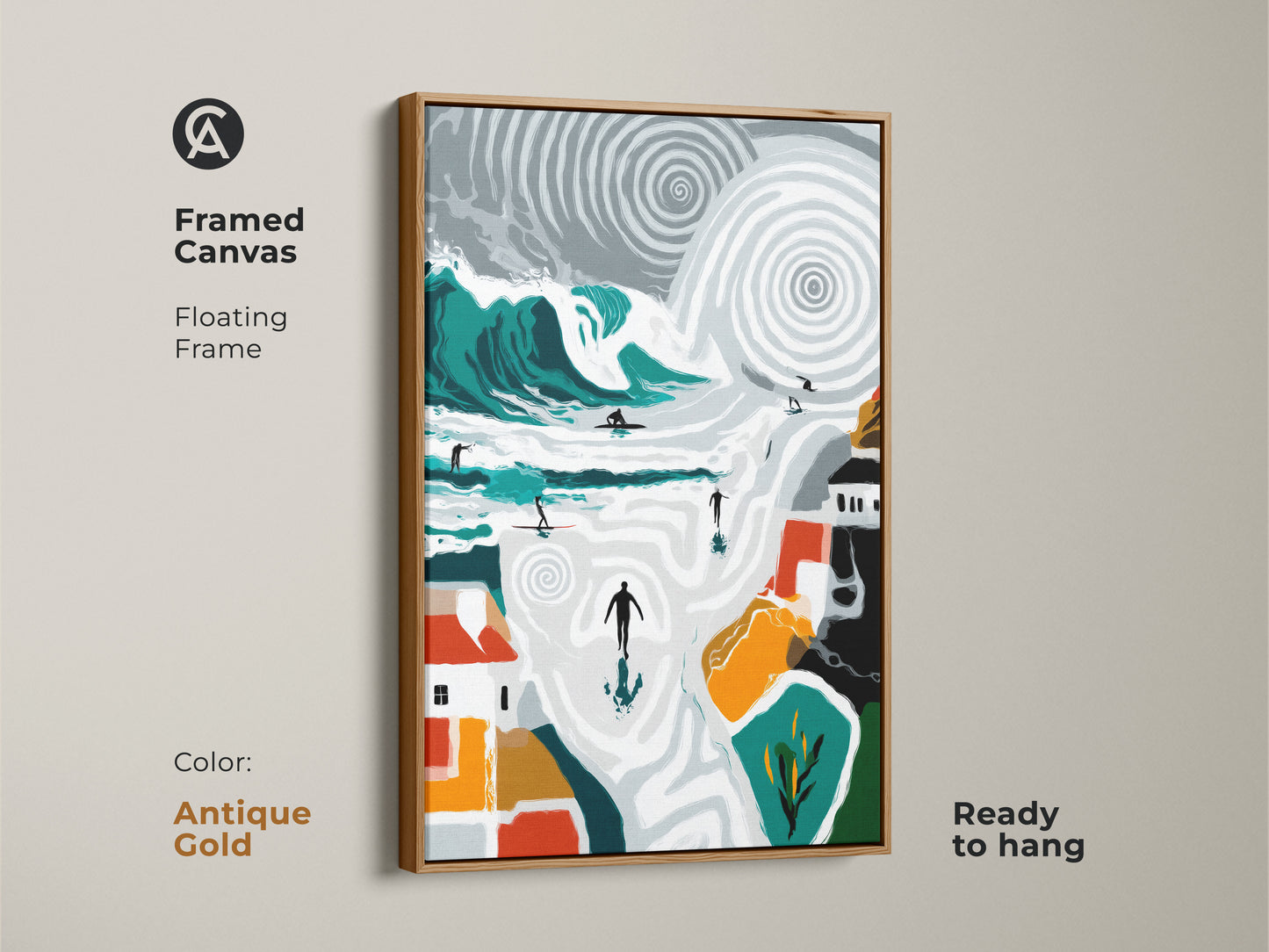 Framed canvas print showcasing coastal surf art. Antique gold floating frame enhances the teal and orange tones. A perfect wall art piece for surf lovers and ideal for modern beach house decor ready to hang.