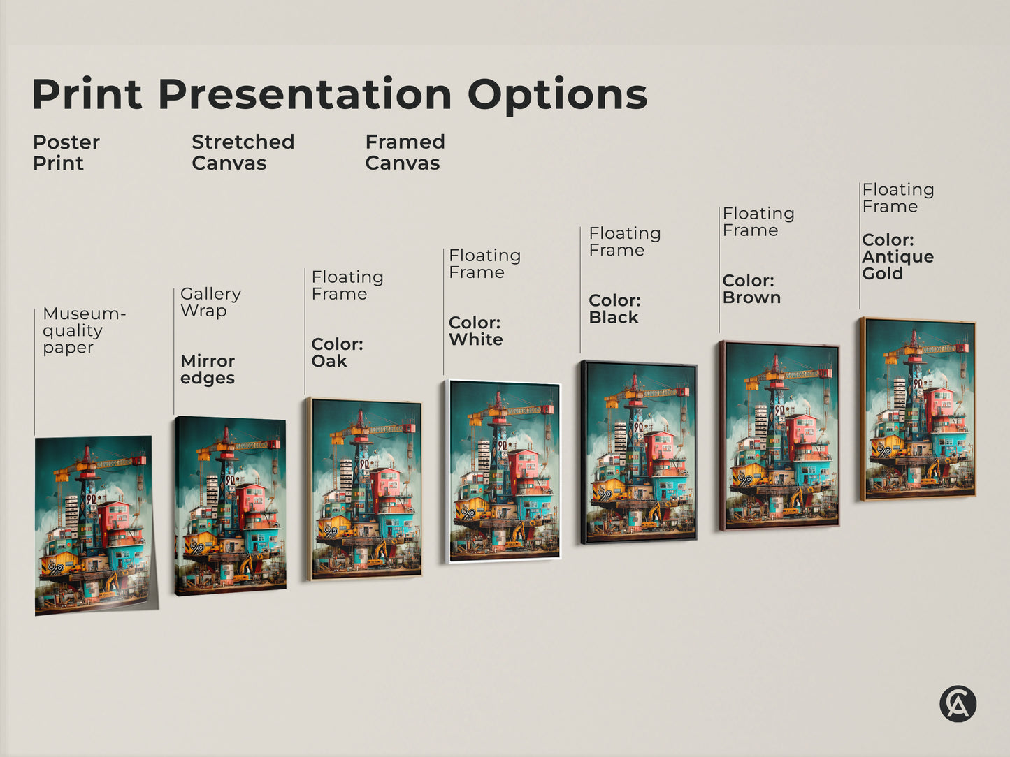 Print presentation options for surreal industrial art. See poster prints stretched canvas and framed canvas options. This oil rig crane canvas is great for engineers and architects office. Explore black brown oak and white frames.