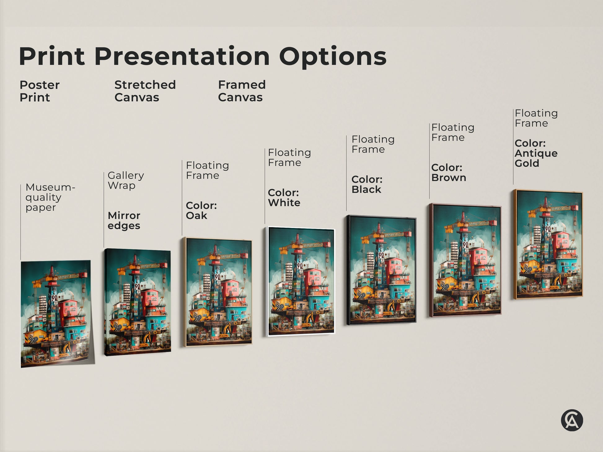 Print presentation options for surreal industrial art. See poster prints stretched canvas and framed canvas options. This oil rig crane canvas is great for engineers and architects office. Explore black brown oak and white frames.