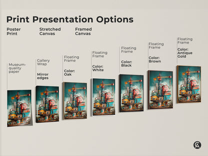 Print presentation options for surreal industrial art. See poster prints stretched canvas and framed canvas options. This oil rig crane canvas is great for engineers and architects office. Explore black brown oak and white frames.