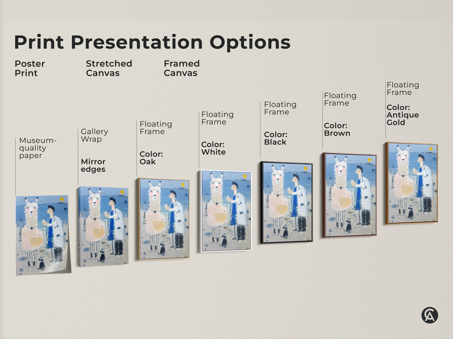 This image shows the different art print options. It has a poster print stretched canvas and framed canvas on display. The framed canvas comes in oak white black brown and antique gold.