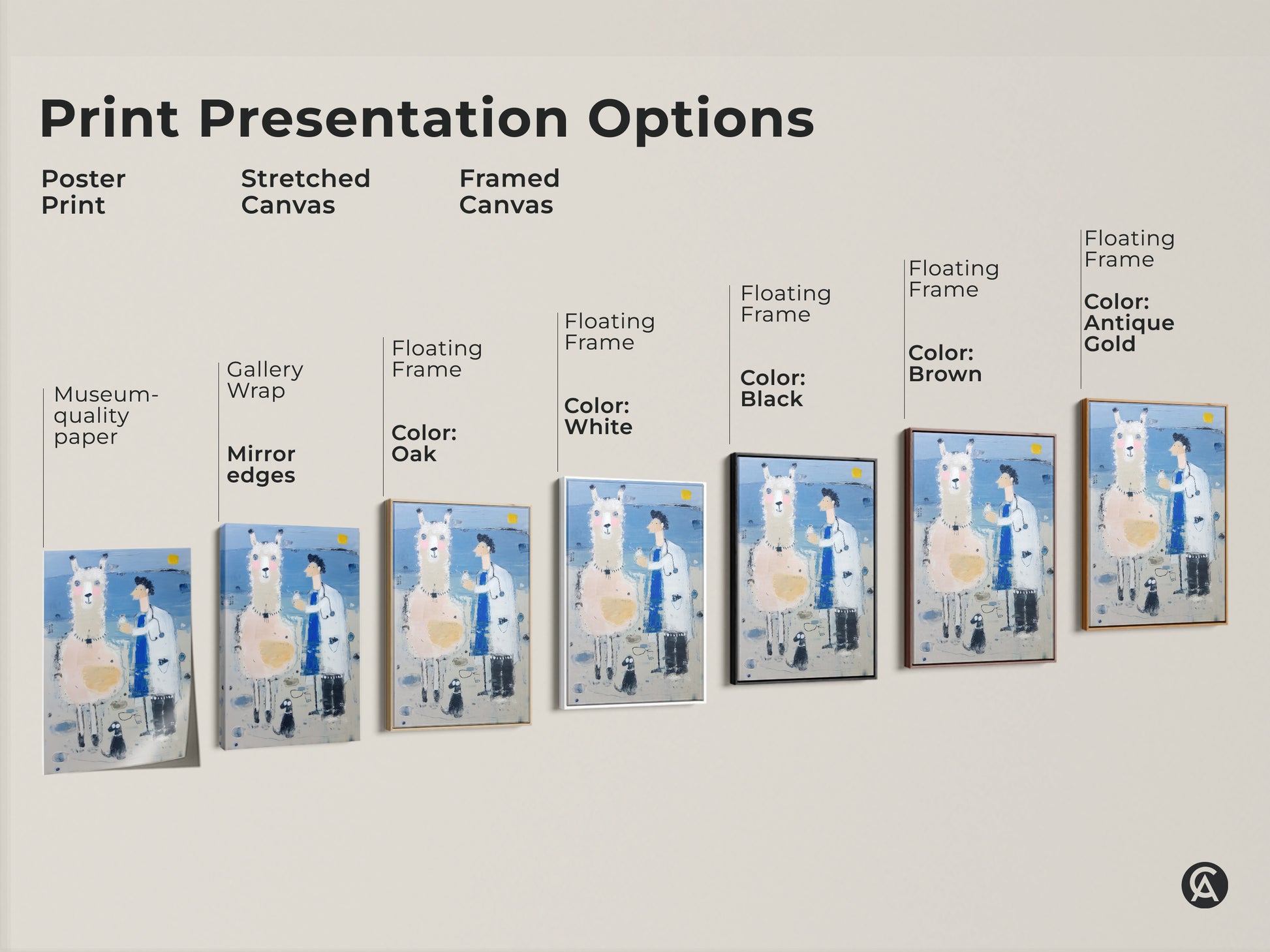 This image shows the different art print options. It has a poster print stretched canvas and framed canvas on display. The framed canvas comes in oak white black brown and antique gold.