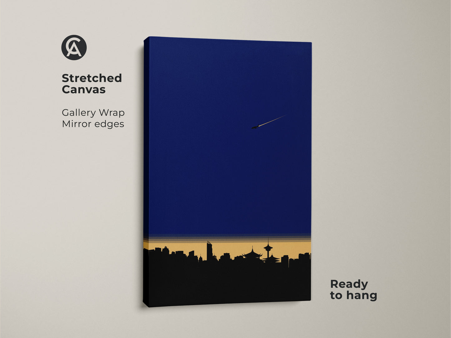 Stretched Canvas of minimalist cityscape art. This modern skyline art print has gallery wrap mirror edges. It's a deep blue wall art piece perfect for an office. Geometric airplane wall decor that is ready to hang.