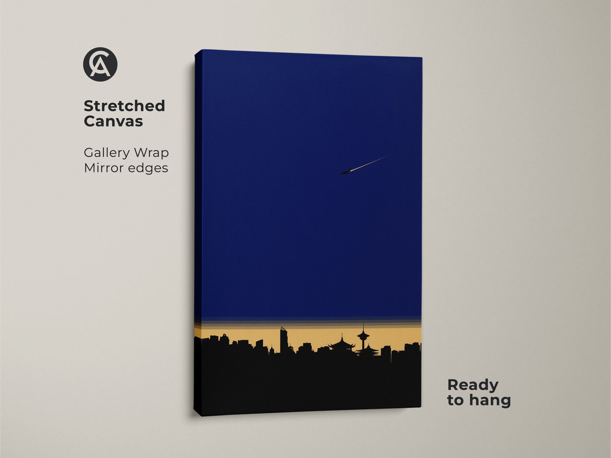 Stretched Canvas of minimalist cityscape art. This modern skyline art print has gallery wrap mirror edges. It's a deep blue wall art piece perfect for an office. Geometric airplane wall decor that is ready to hang.