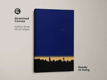 Stretched Canvas of minimalist cityscape art. This modern skyline art print has gallery wrap mirror edges. It's a deep blue wall art piece perfect for an office. Geometric airplane wall decor that is ready to hang.
