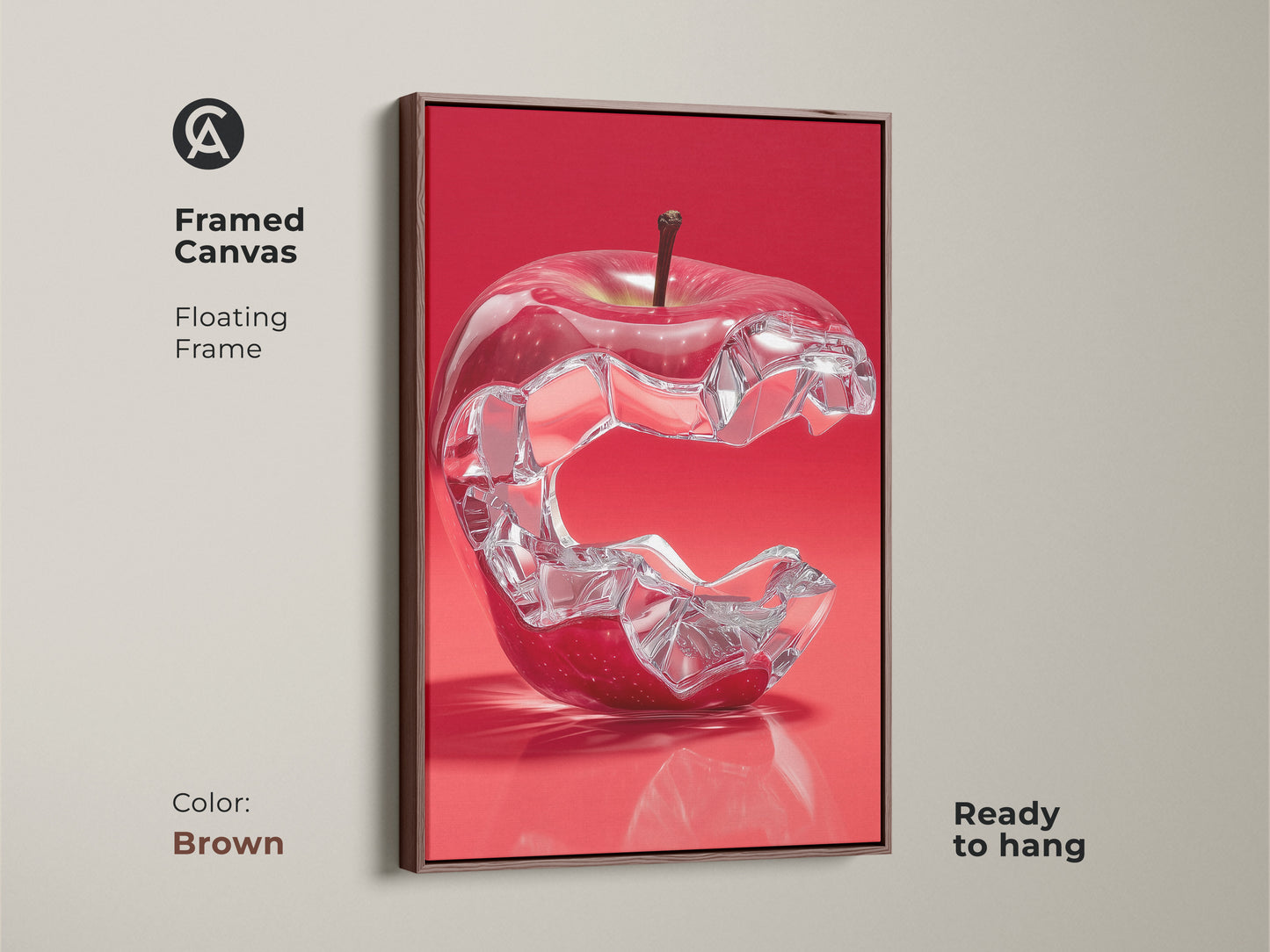 Framed Canvas of a crystal apple wall art. The floating frame is brown and the artwork is ready to hang. This abstract crystal apple print is perfect for a modern kitchen or dining room.