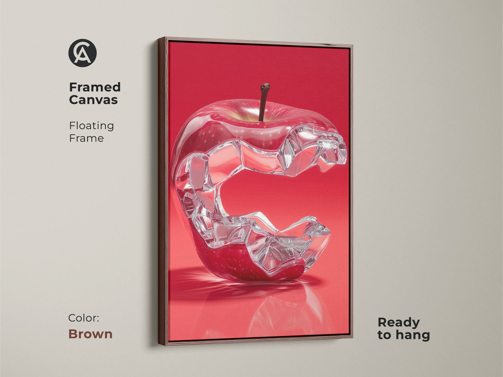 Framed Canvas of a crystal apple wall art. The floating frame is brown and the artwork is ready to hang. This abstract crystal apple print is perfect for a modern kitchen or dining room.